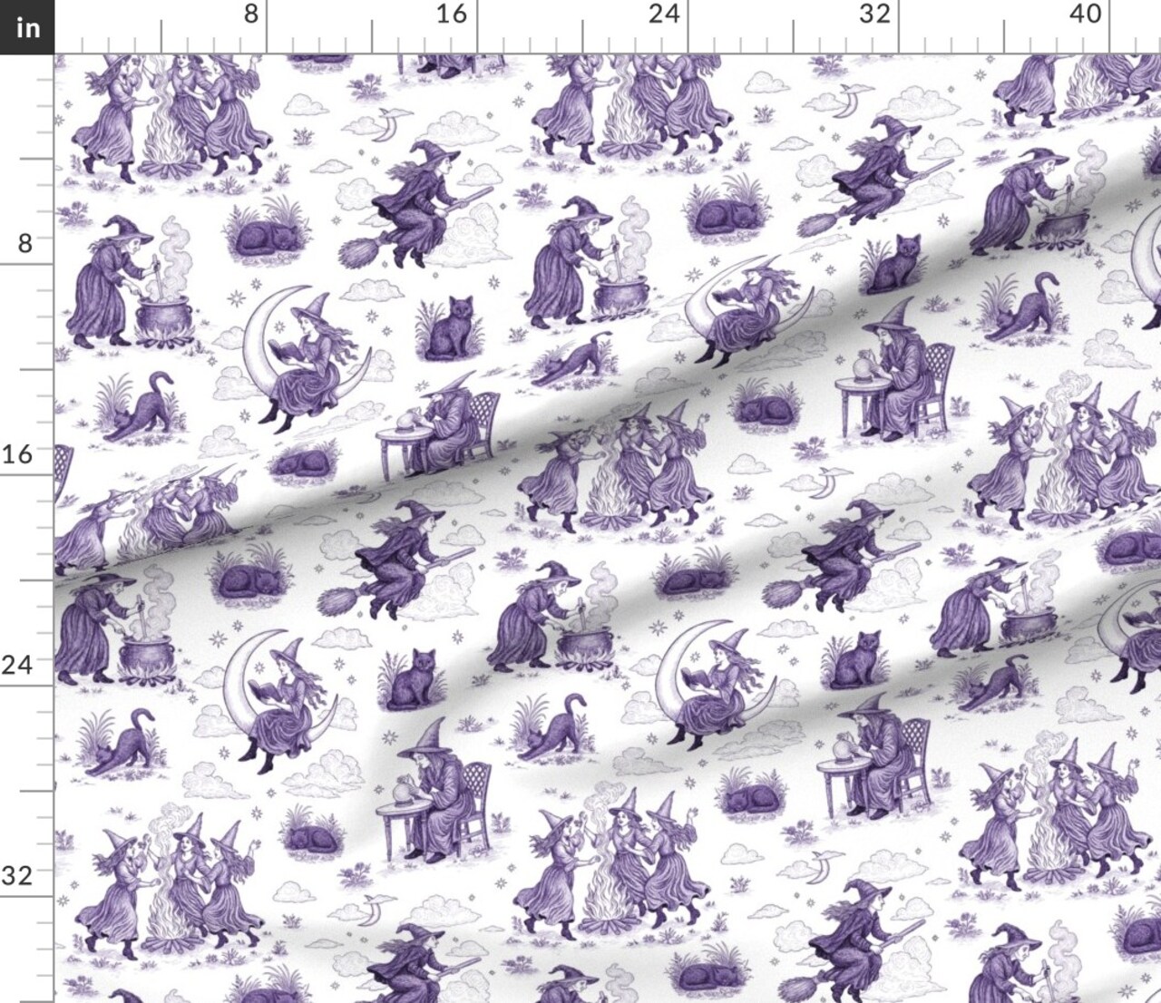 Halloween Witches Mystical Moon Black Cat Magic Brew Toile De Jouy Custom Printed Fabric by Spoonflower Various Fabrics by the Yard or Fat Quarter